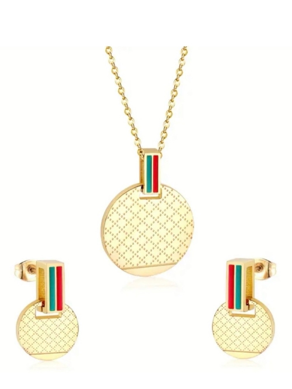 Gold-Tone Medallion Necklace & Earring Set with Red and Green Stripes - Picture 1 of 3